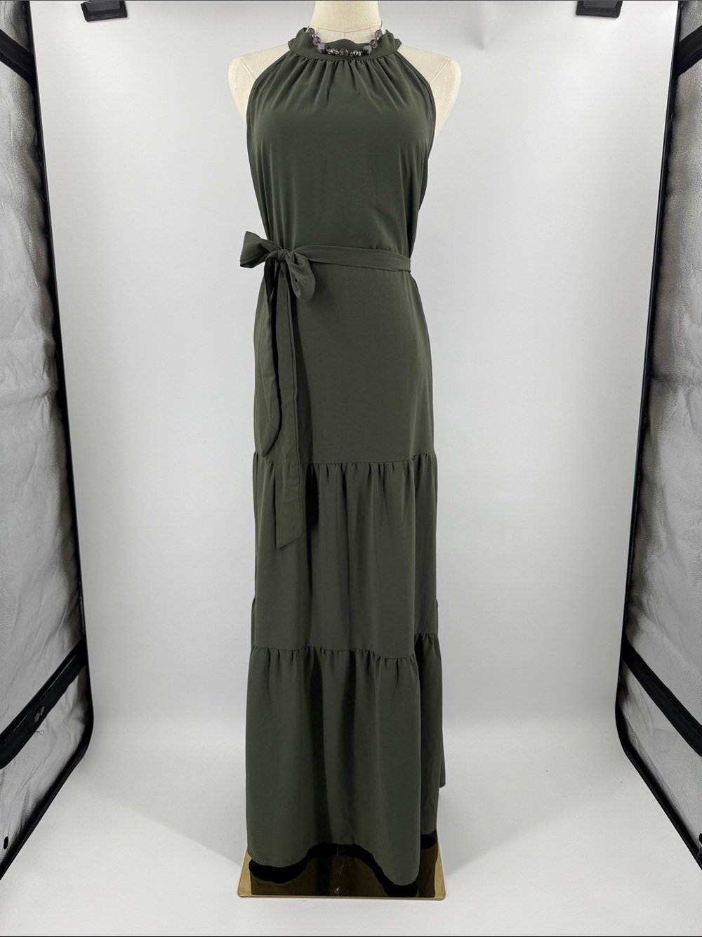 Sleeveless Olive Halter Maxi Dress with Waist Tie - Picture 2 of 9